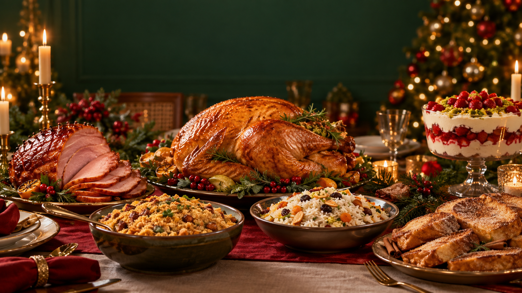 Mesa de ceia de Natal com peru assado, farofa, arroz festivo e sobremesa